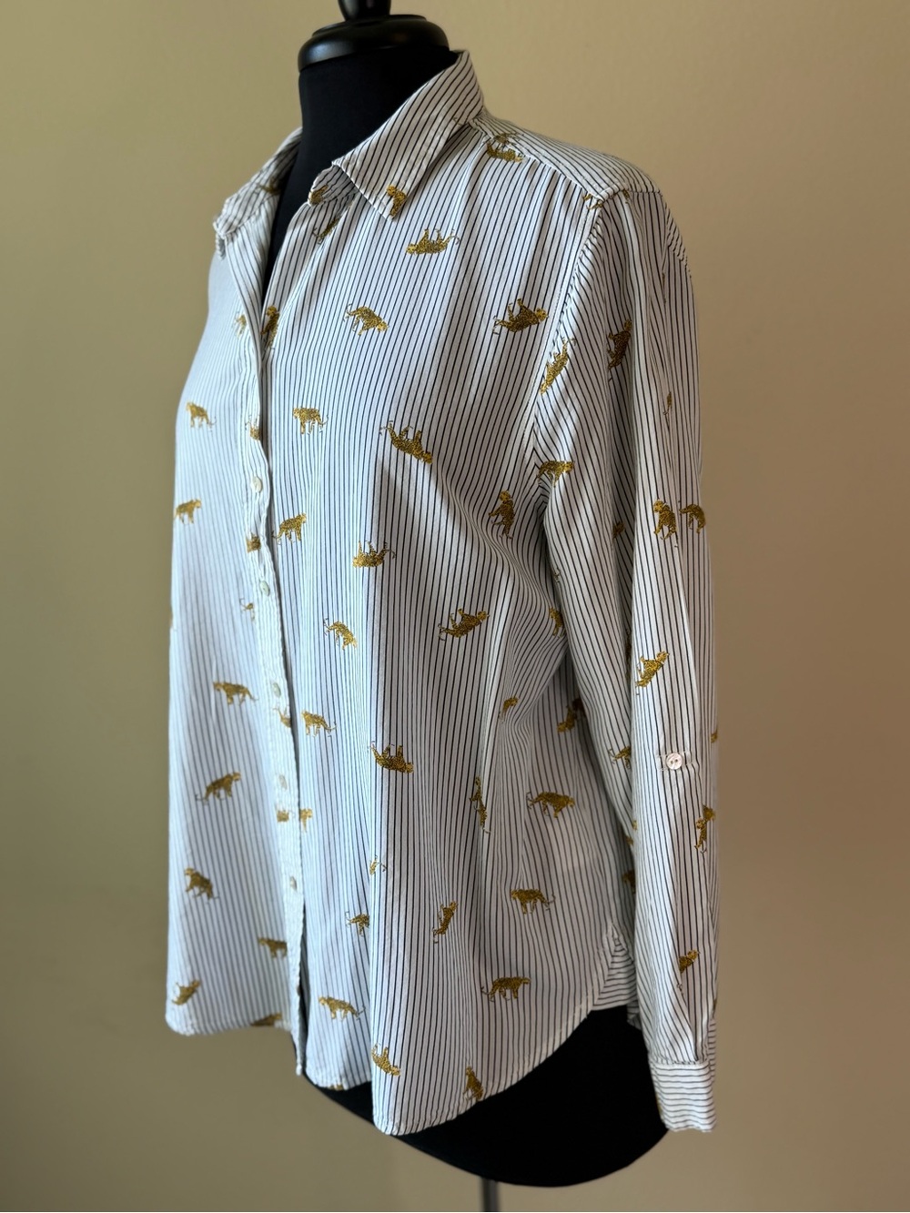 JANE + DELANCEY Striped Button-Down Shirt with Leopards Size XL White Black - Picture 5 of 15